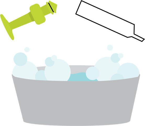 Take the Avoject apart by unscrewing the cap at the top  of the barrel. Wash both parts  in warm soapy water and rinse  with clean water.